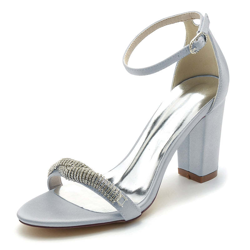 Chic Open-Toe Bridal Shoes with Block Heel and Mini Rhinestone Buckle