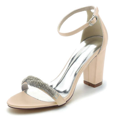 Chic Open-Toe Bridal Shoes with Block Heel and Mini Rhinestone Buckle