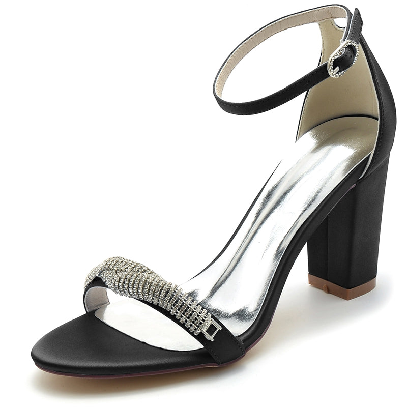 Chic Open-Toe Bridal Shoes with Block Heel and Mini Rhinestone Buckle