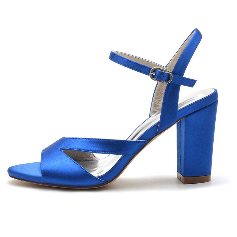 Royal Blue Women's Bridal Shoes with Buckle and Sturdy Heel Open Toe