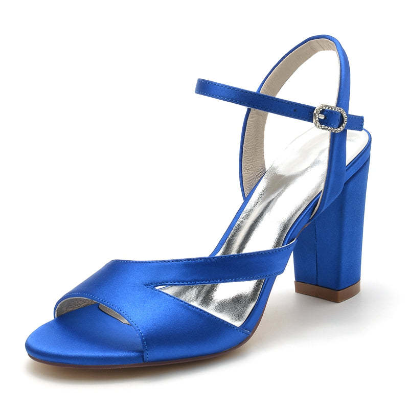 Royal Blue Women's Bridal Shoes with Buckle and Sturdy Heel Open Toe