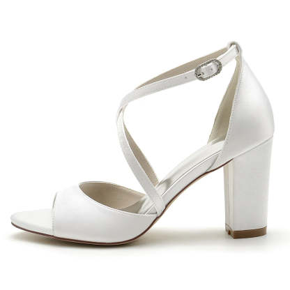 Bridal Shoes for Women with Crossed Straps Buckle and Open Toe in Block Heel