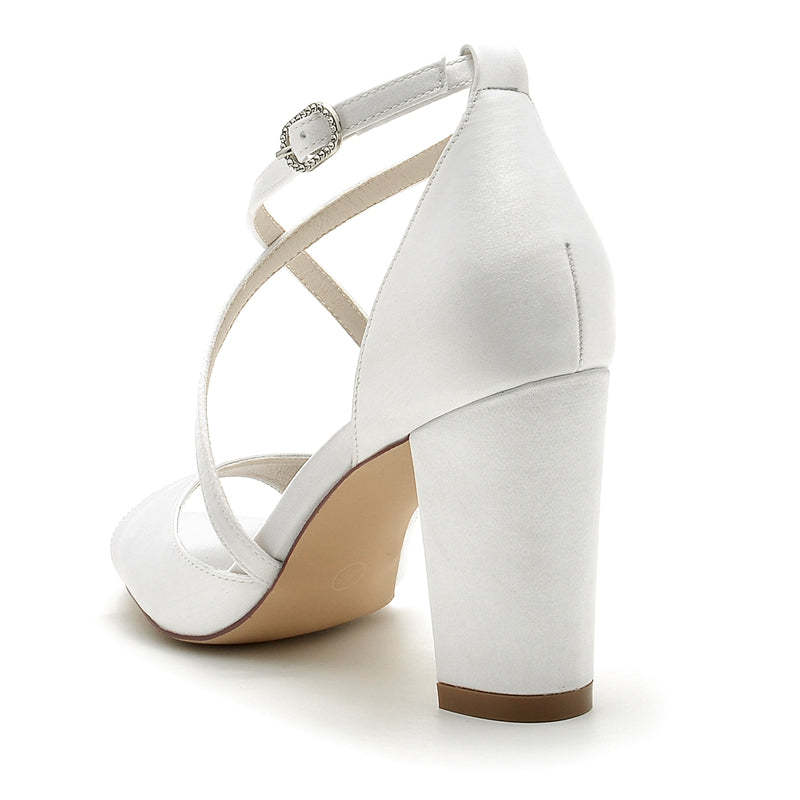 Bridal Shoes for Women with Crossed Straps Buckle and Open Toe in Block Heel
