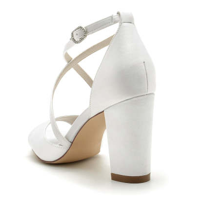 Bridal Shoes for Women with Crossed Straps Buckle and Open Toe in Block Heel
