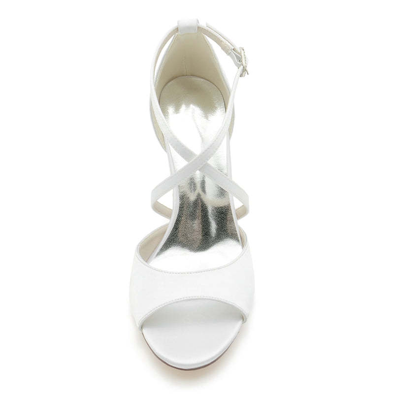 Bridal Shoes for Women with Crossed Straps Buckle and Open Toe in Block Heel