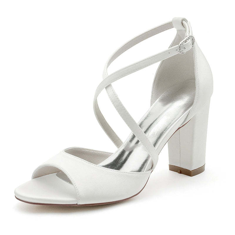 Bridal Shoes for Women with Crossed Straps Buckle and Open Toe in Block Heel
