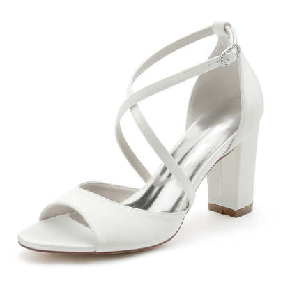 Bridal Shoes for Women with Crossed Straps Buckle and Open Toe in Block Heel