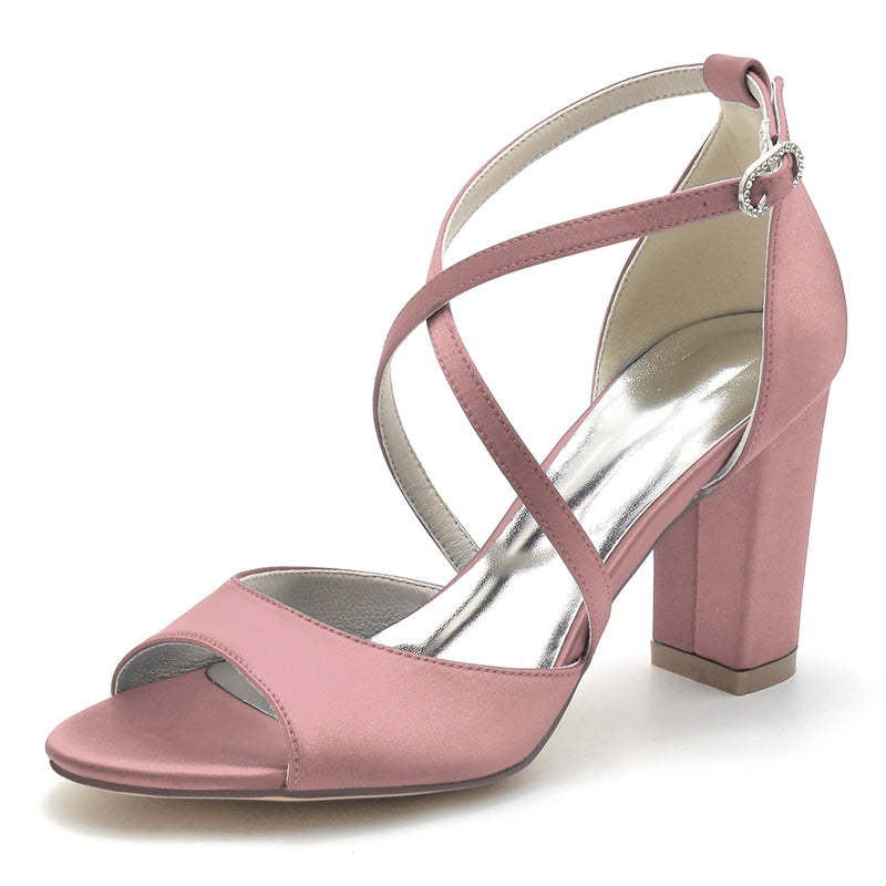 Bridal Shoes for Women with Crossed Straps Buckle and Open Toe in Block Heel