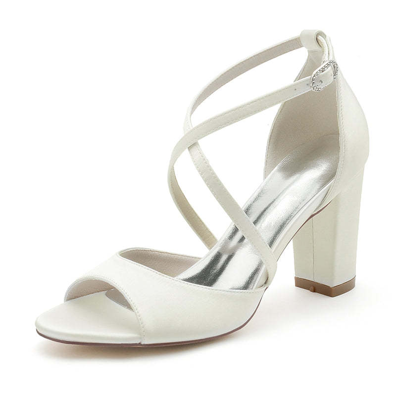 Bridal Shoes for Women with Crossed Straps Buckle and Open Toe in Block Heel