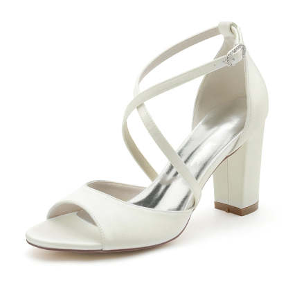 Bridal Shoes for Women with Crossed Straps Buckle and Open Toe in Block Heel