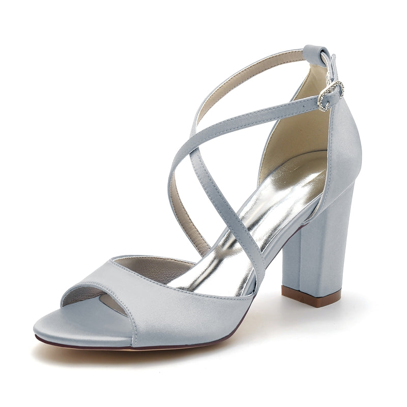 Bridal Shoes for Women with Crossed Straps Buckle and Open Toe in Block Heel