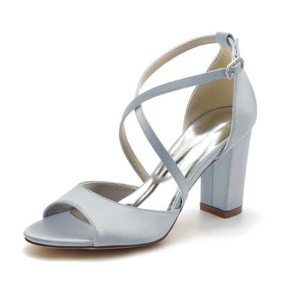 Bridal Shoes for Women with Crossed Straps Buckle and Open Toe in Block Heel