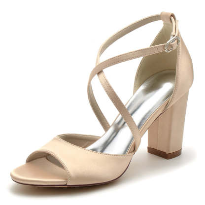 Bridal Shoes for Women with Crossed Straps Buckle and Open Toe in Block Heel