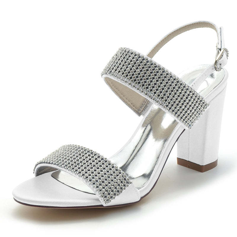 Bridal Peep Toe Block Heel Shoes for Women with Luxurious Buckle and Crystal