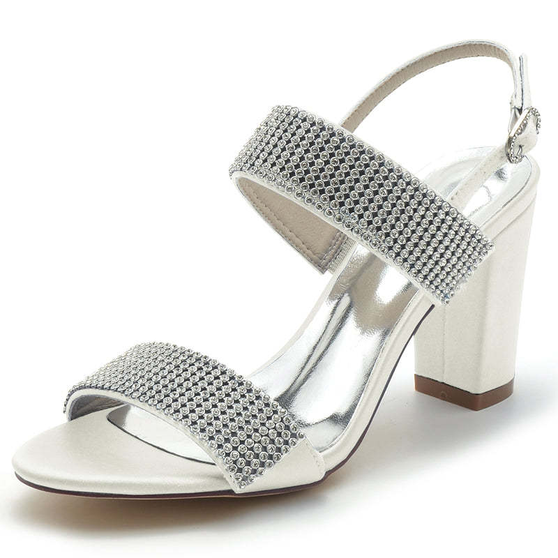 Bridal Peep Toe Block Heel Shoes for Women with Luxurious Buckle and Crystal