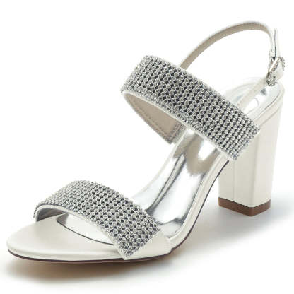 Bridal Peep Toe Block Heel Shoes for Women with Luxurious Buckle and Crystal