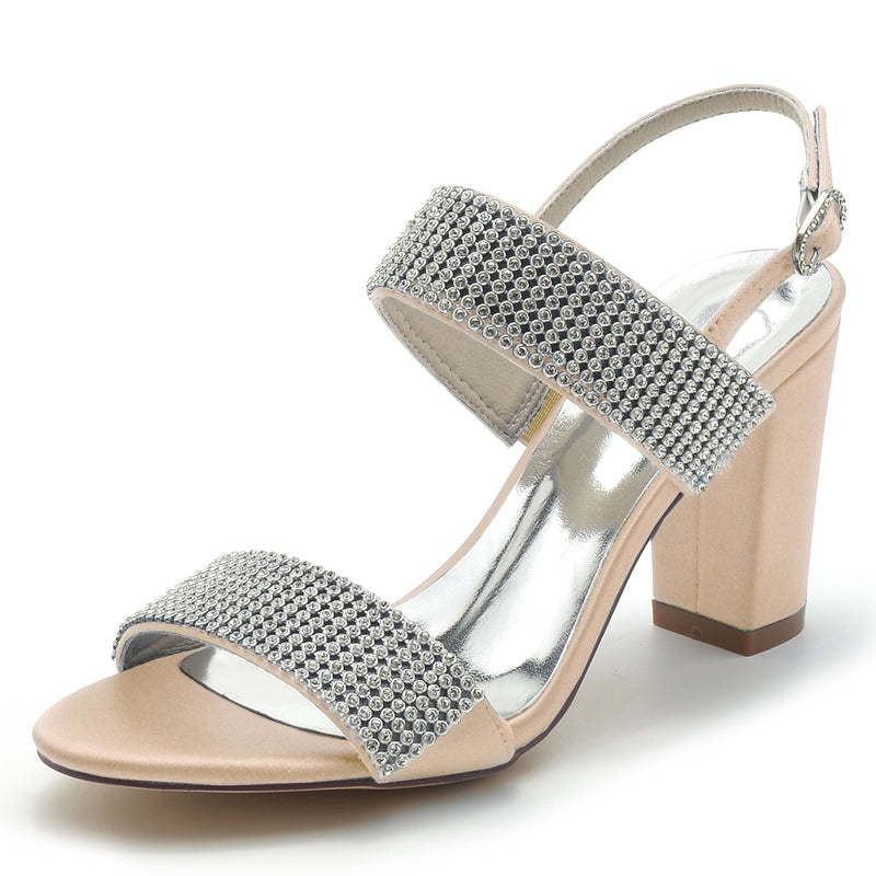Bridal Peep Toe Block Heel Shoes for Women with Luxurious Buckle and Crystal