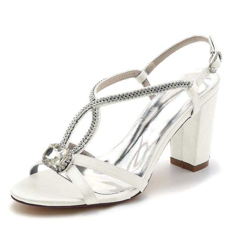 Elegant Bridal Shoes for Women with Opened Toe Chunky Heel and Rhinestone Buckle