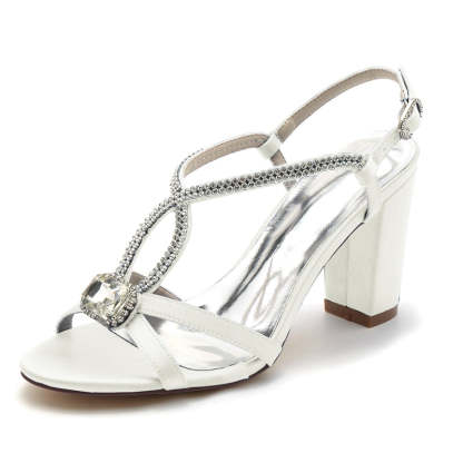 Elegant Bridal Shoes for Women with Opened Toe Chunky Heel and Rhinestone Buckle