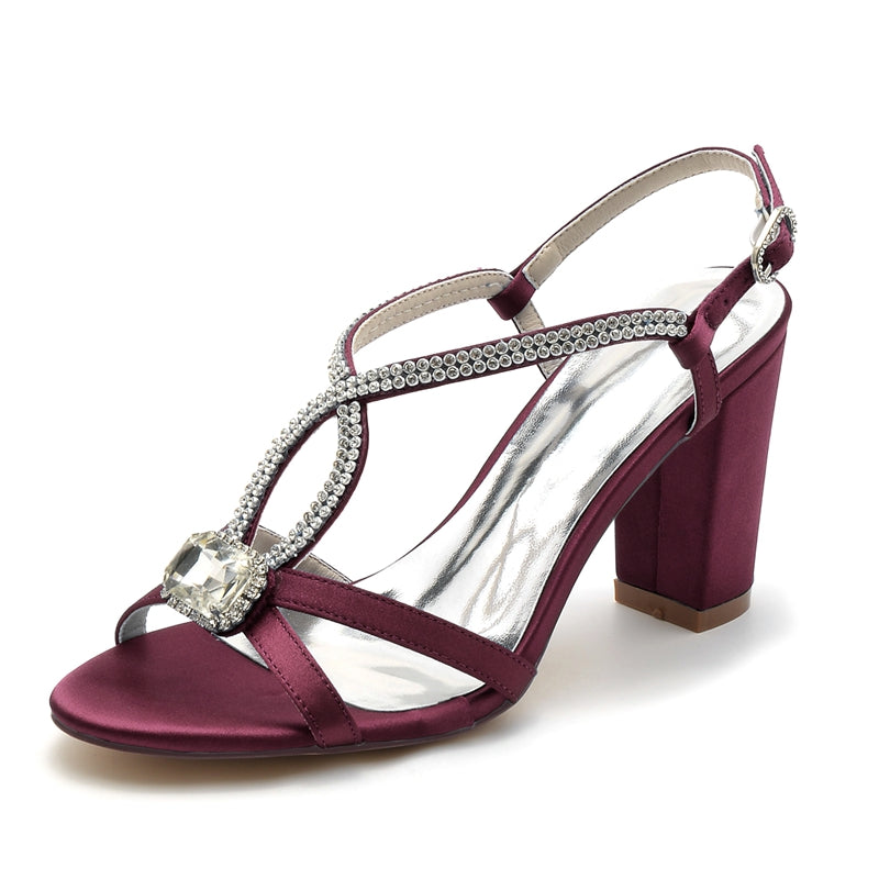 Elegant Bridal Shoes for Women with Opened Toe Chunky Heel and Rhinestone Buckle