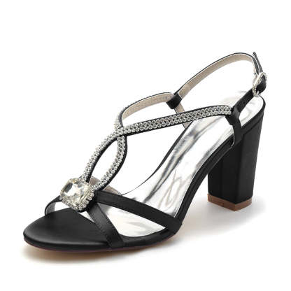 Elegant Bridal Shoes for Women with Opened Toe Chunky Heel and Rhinestone Buckle