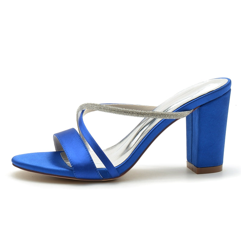 Bridal Slip-On Shoes for Women with Asymmetrical Straps and Chunky Heel