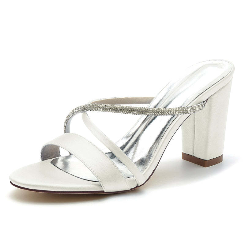 Bridal Slip-On Shoes for Women with Asymmetrical Straps and Chunky Heel