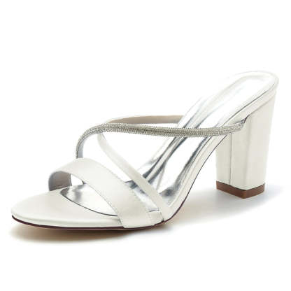 Bridal Slip-On Shoes for Women with Asymmetrical Straps and Chunky Heel