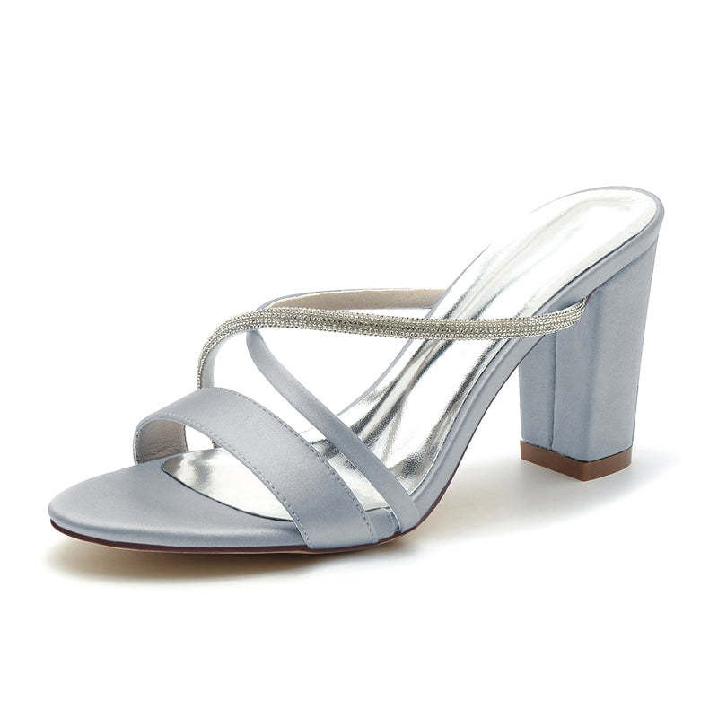 Bridal Slip-On Shoes for Women with Asymmetrical Straps and Chunky Heel