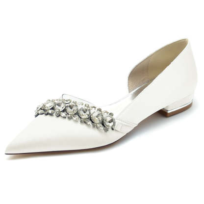 Champagne Bridal Shoes for Women with Rhinestones Pointed Toe and Low Heel