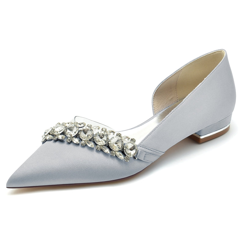 Champagne Bridal Shoes for Women with Rhinestones Pointed Toe and Low Heel