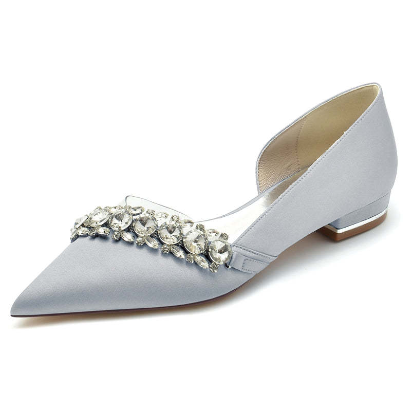 Champagne Bridal Shoes for Women with Rhinestones Pointed Toe and Low Heel