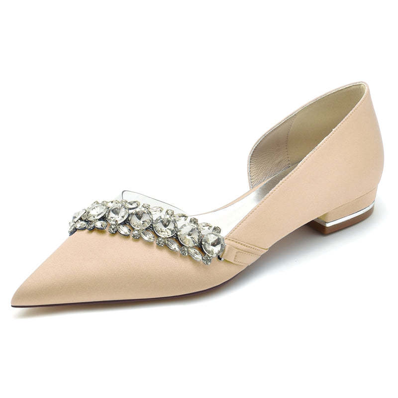 Champagne Bridal Shoes for Women with Rhinestones Pointed Toe and Low Heel