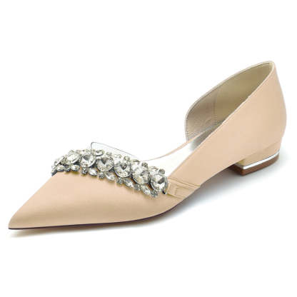 Champagne Bridal Shoes for Women with Rhinestones Pointed Toe and Low Heel