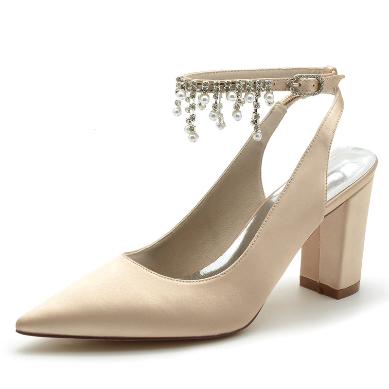Chic Bridal Shoes for Women with Pearl Tassel Pointed Toe and Chunky Heel