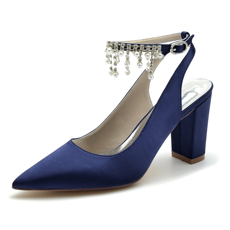 Chic Bridal Shoes for Women with Pearl Tassel Pointed Toe and Chunky Heel