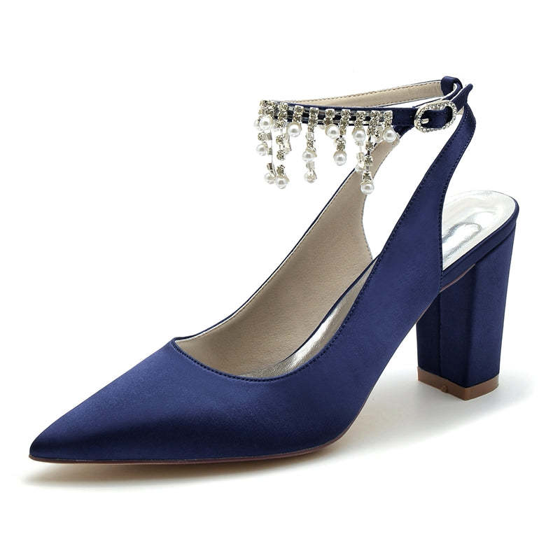 Chic Bridal Shoes for Women with Pearl Tassel Pointed Toe and Chunky Heel