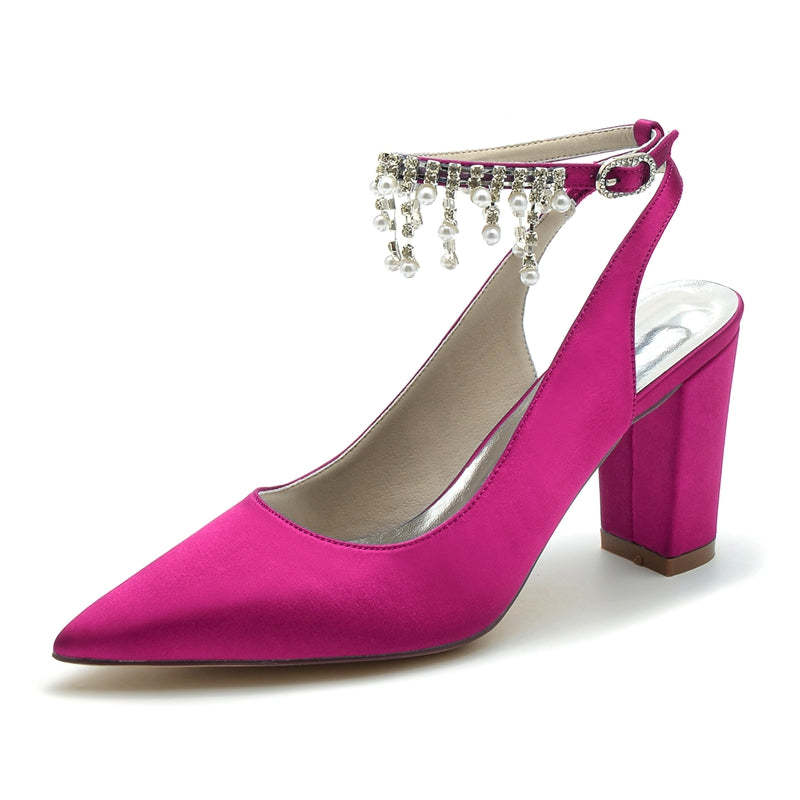 Chic Bridal Shoes for Women with Pearl Tassel Pointed Toe and Chunky Heel