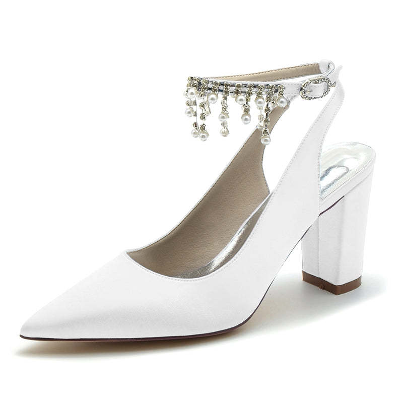 Chic Bridal Shoes for Women with Pearl Tassel Pointed Toe and Chunky Heel