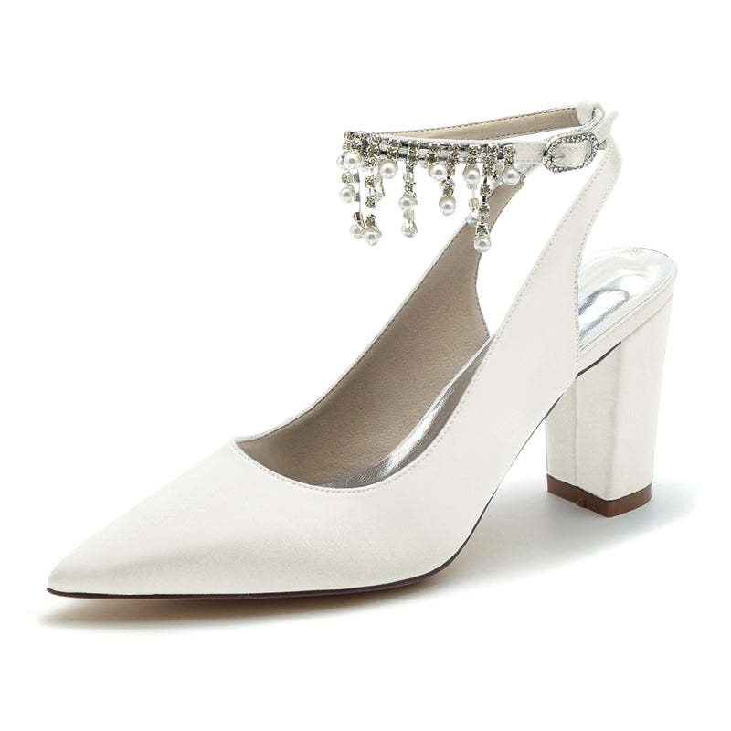 Chic Bridal Shoes for Women with Pearl Tassel Pointed Toe and Chunky Heel
