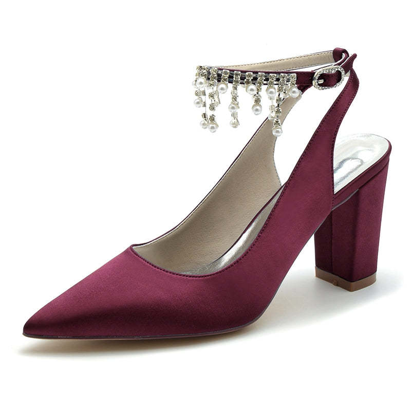 Chic Bridal Shoes for Women with Pearl Tassel Pointed Toe and Chunky Heel