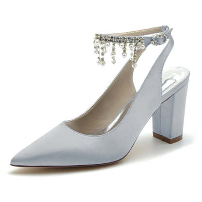 Chic Bridal Shoes for Women with Pearl Tassel Pointed Toe and Chunky Heel