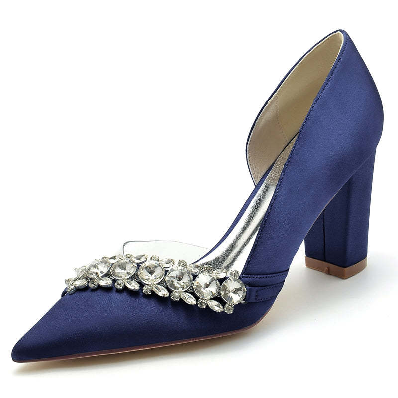 Bridal Shoes for Women with Rhinestones Pointed Toe and Block Heel