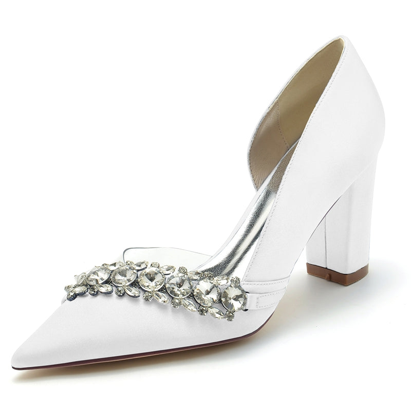 Bridal Shoes for Women with Rhinestones Pointed Toe and Block Heel