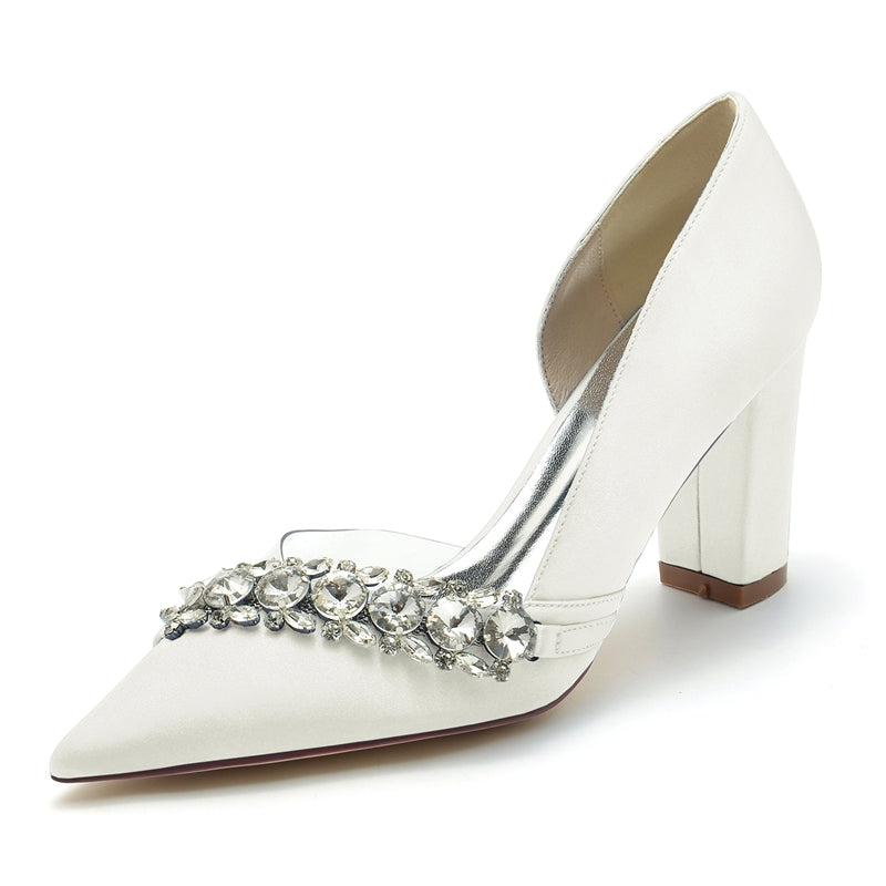 Bridal Shoes for Women with Rhinestones Pointed Toe and Block Heel