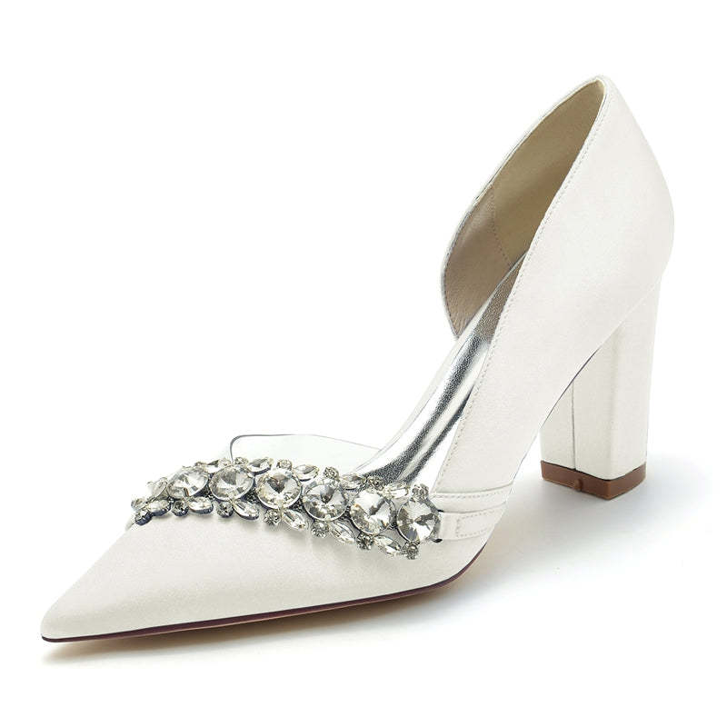 Bridal Shoes for Women with Rhinestones Pointed Toe and Block Heel