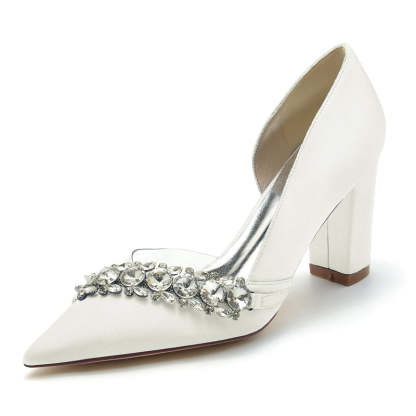 Bridal Shoes for Women with Rhinestones Pointed Toe and Block Heel