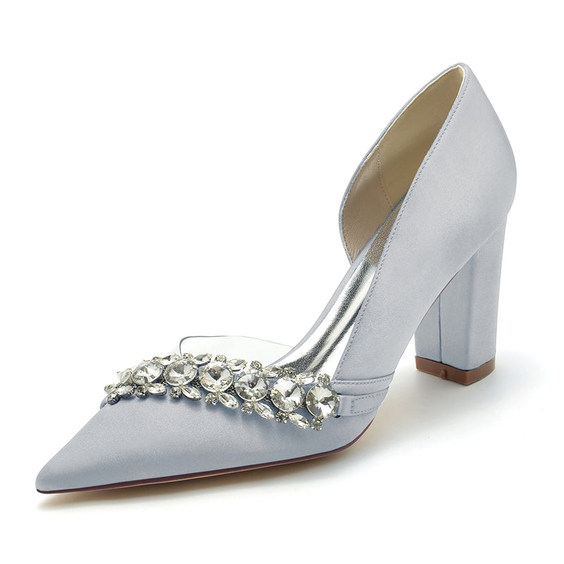 Bridal Shoes for Women with Rhinestones Pointed Toe and Block Heel
