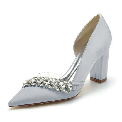 Bridal Shoes for Women with Rhinestones Pointed Toe and Block Heel