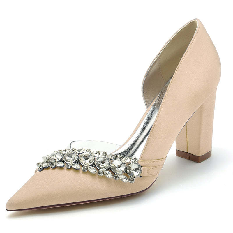 Bridal Shoes for Women with Rhinestones Pointed Toe and Block Heel